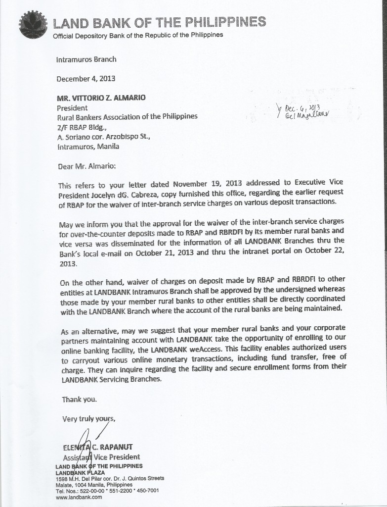 Land Bank response to Inter-branch fees