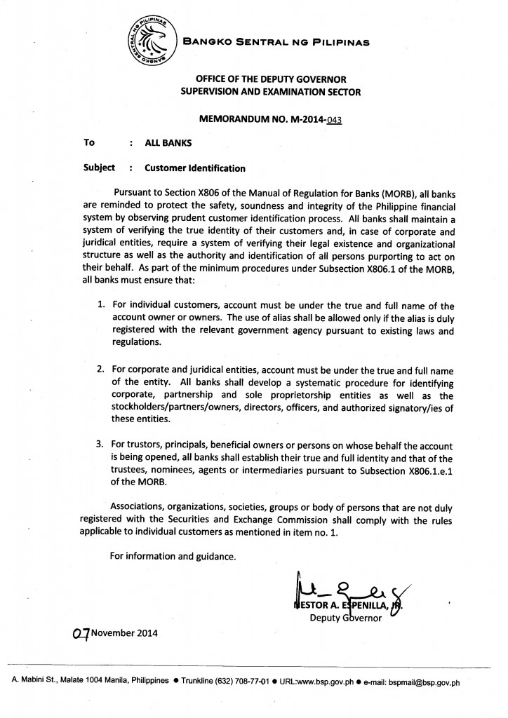 BSP Memorandum No. M-2014-043: Customer Identification